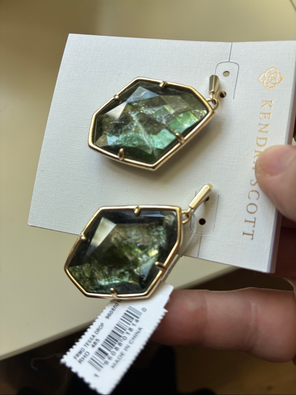 NWT Kendra Scott Dark Olive Green Faceted Stone Drop Earrings in Gold